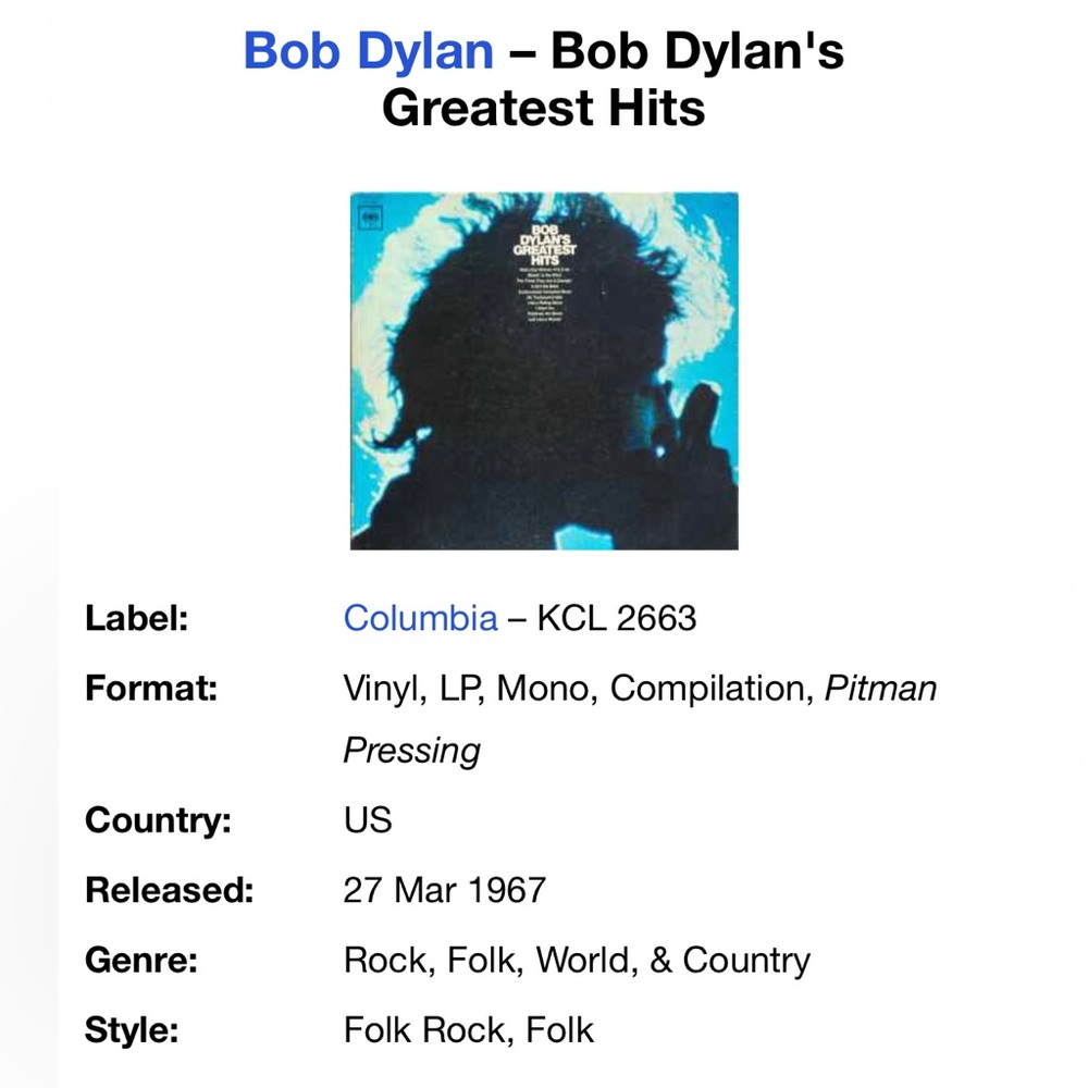 Bob Dylan’s greatest hits vinyl 1967